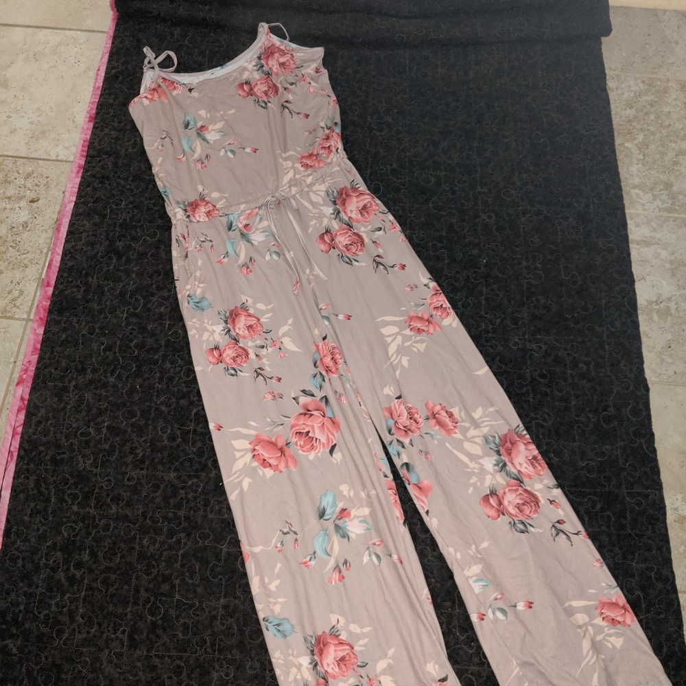Tan Floral Tank Jumpsuit with pockets